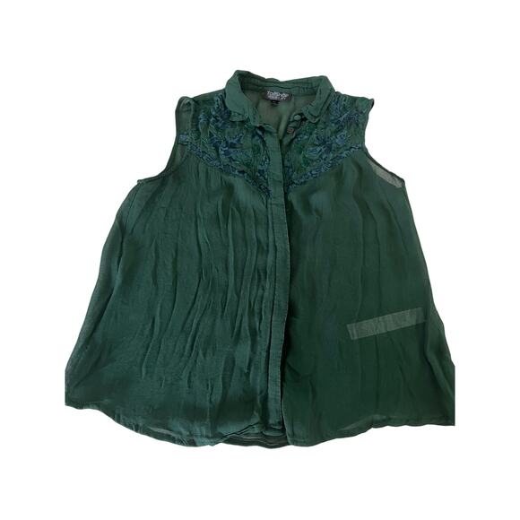 Topshop Green Sheer Blouse Blue Lace Woman Size 4 Sleeveless Button Up - Picture 3 of 8